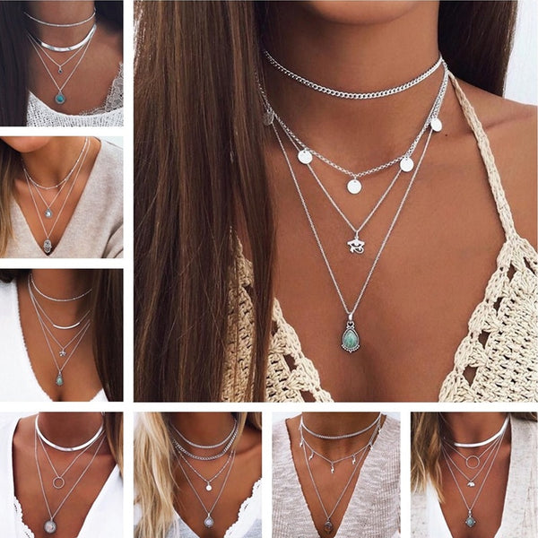 Multi Layered Necklace Coin Star Moon