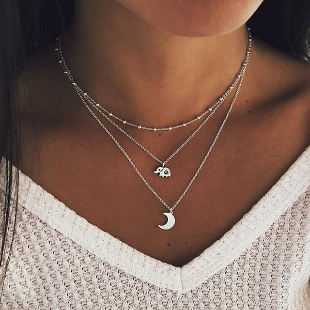 Multi Layered Necklace Coin Star Moon