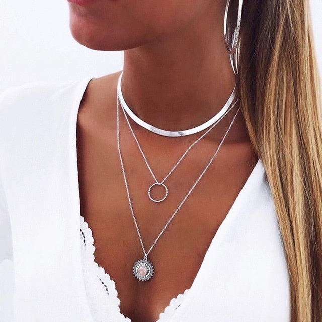 Multi Layered Necklace Coin Star Moon