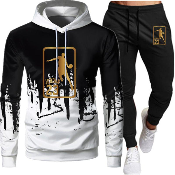 White Black Men Hoodies Set Two Piece Patchwork Hoodie Pant Male Suit