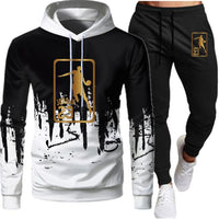White Black Men Hoodies Set Two Piece Patchwork Hoodie Pant Male Suit