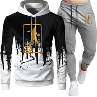 White Black Men Hoodies Set Two Piece Patchwork Hoodie Pant Male Suit