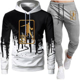 White Black Men Hoodies Set Two Piece Patchwork Hoodie Pant Male Suit