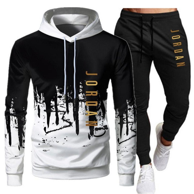 White Black Men Hoodies Set Two Piece Patchwork Hoodie Pant Male Suit