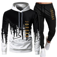 White Black Men Hoodies Set Two Piece Patchwork Hoodie Pant Male Suit