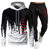 White Black Men Hoodies Set Two Piece Patchwork Hoodie Pant Male Suit