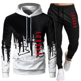 White Black Men Hoodies Set Two Piece Patchwork Hoodie Pant Male Suit