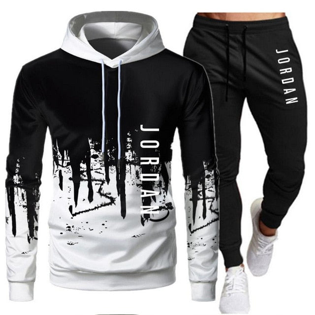 White Black Men Hoodies Set Two Piece Patchwork Hoodie Pant Male Suit
