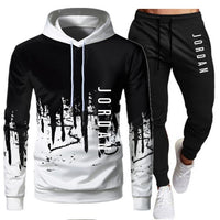 White Black Men Hoodies Set Two Piece Patchwork Hoodie Pant Male Suit