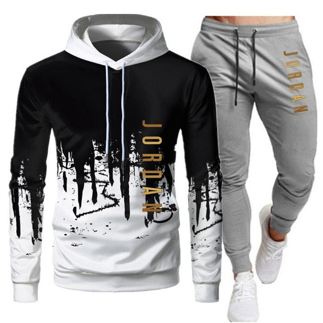 White Black Men Hoodies Set Two Piece Patchwork Hoodie Pant Male Suit
