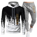White Black Men Hoodies Set Two Piece Patchwork Hoodie Pant Male Suit
