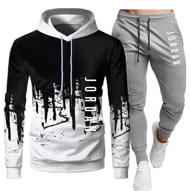 White Black Men Hoodies Set Two Piece Patchwork Hoodie Pant Male Suit