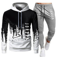 White Black Men Hoodies Set Two Piece Patchwork Hoodie Pant Male Suit