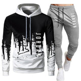White Black Men Hoodies Set Two Piece Patchwork Hoodie Pant Male Suit