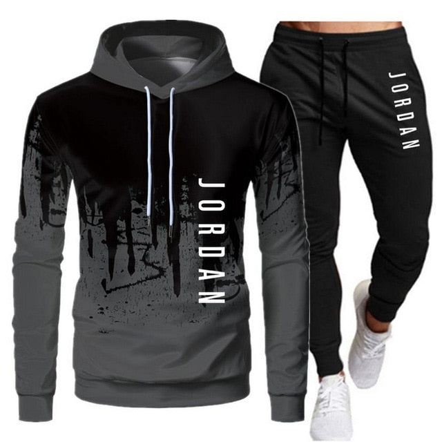 White Black Men Hoodies Set Two Piece Patchwork Hoodie Pant Male Suit