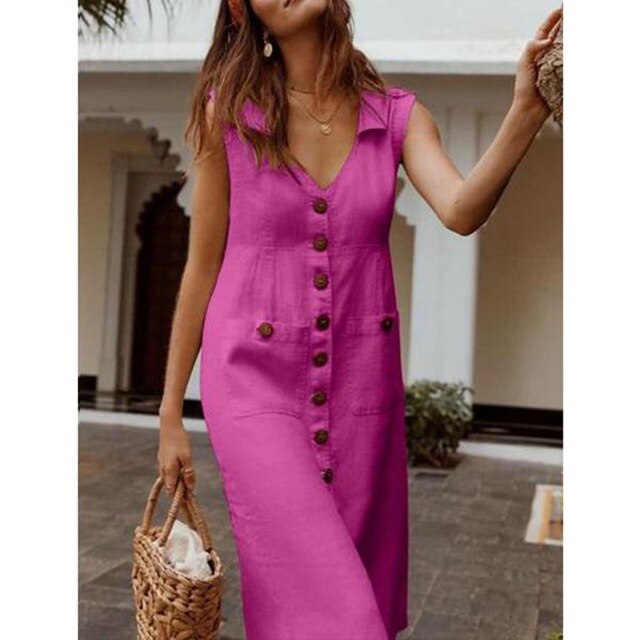 V-neck Dress Button Pocket Dress